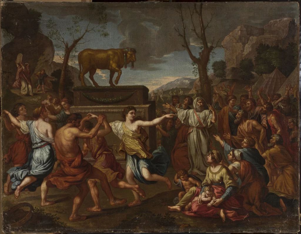 Tác phẩm Dân It-ra-en thờ con bò vàng (Nicolas Poussin 1594-1665). Dân It-ra-en thấy ông Mô-sê lâu quá không xuống núi, bèn tụ họp bên ông A-ha-ron. Ông lấy vàng từ tay họ trao cho, đem đúc và dùng dao mà gọt đẽo thành một con bê. Ông A-ha-ron dựng một bàn thờ trước tượng con bê, rồi hô to: “Mai có lễ kính ĐỨC CHÚA!”. Như vậy họ đã lỗi phạm điều răn thứ nhất (Sách Xuất Hành (Chương 32))