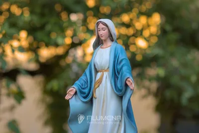 Các góc nhìn của tượng Đức Mẹ Ban Ơn 40 cm màu xanh giúp người đọc so sánh cảm giác màu với mẫu trắng trong cùng kích thước