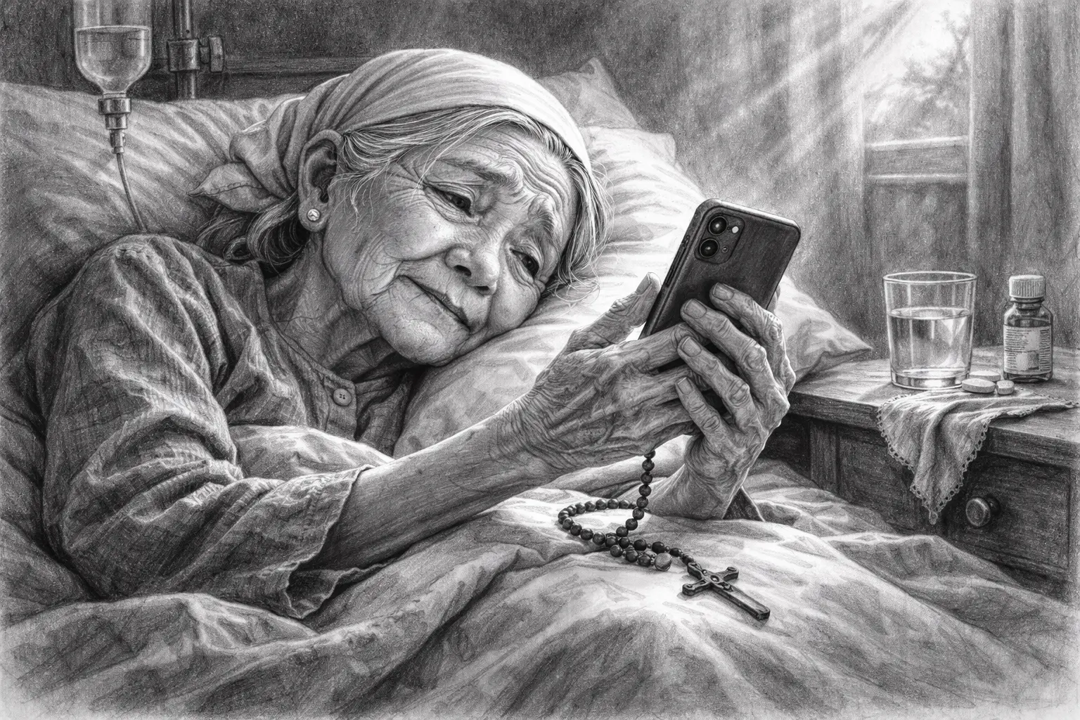 Bà cháu nhìn nhau qua điện thoại.