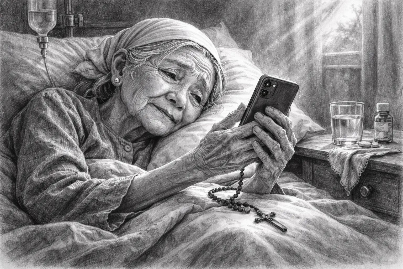 Bà cháu nhìn nhau qua điện thoại.