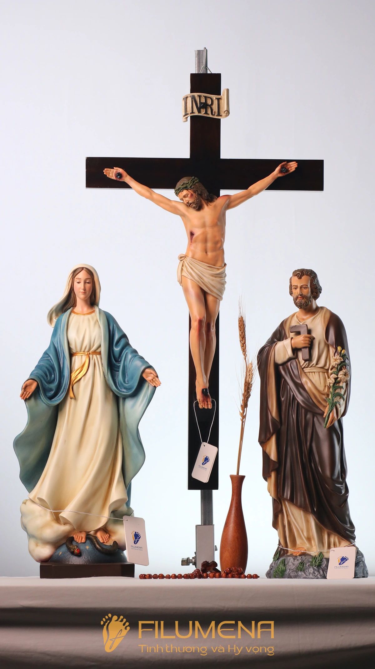 Bàn thờ Chúa 50 cm màu nâu – xanh dương tượng Chúa Chuộc Tội 40 cm