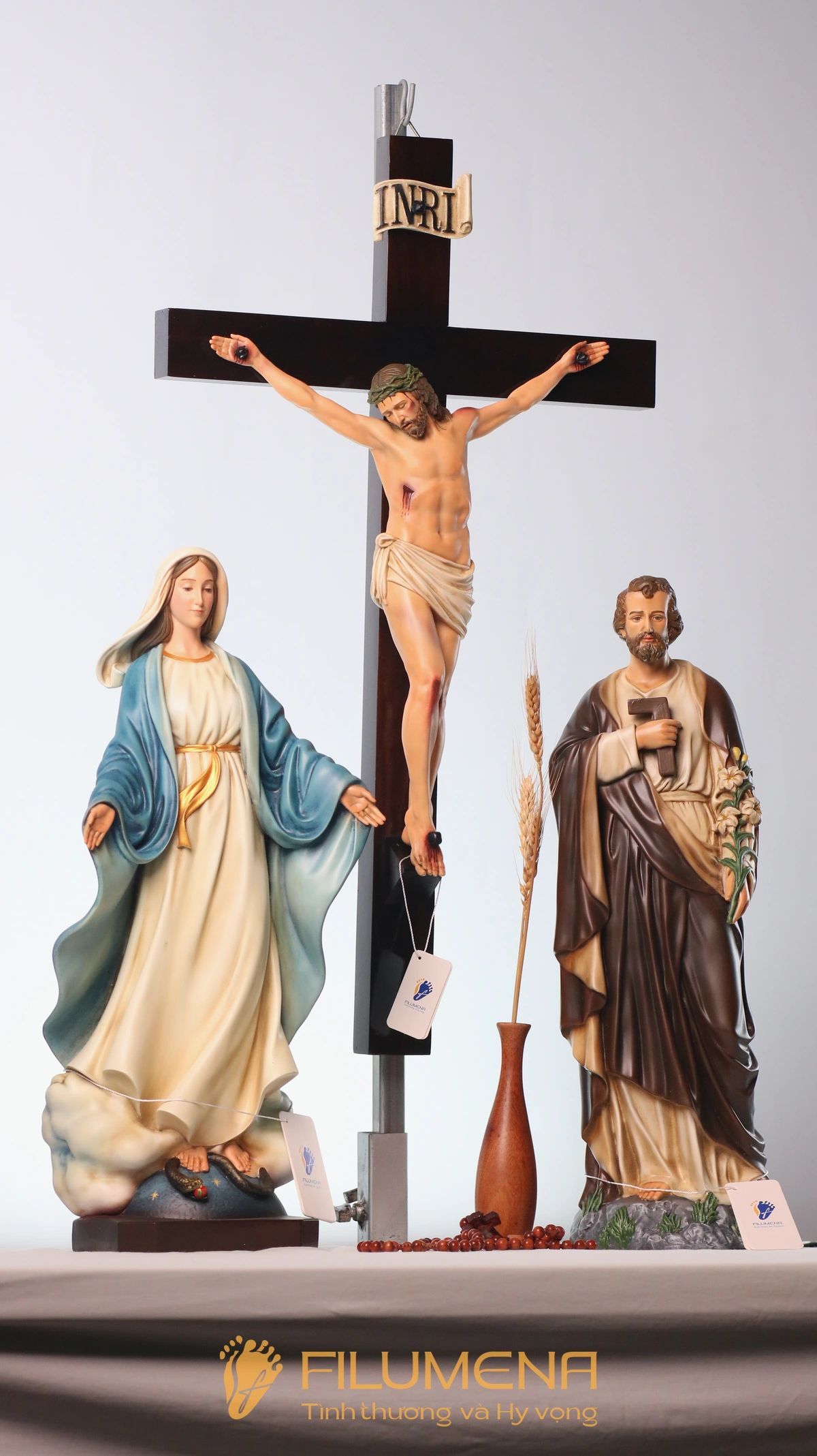 Bàn thờ Chúa 50 cm màu nâu – xanh dương tượng Chúa Chuộc Tội 40 cm