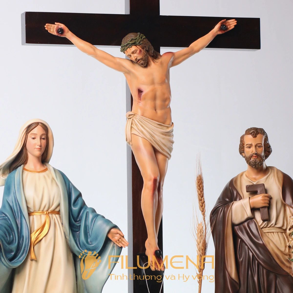 Bàn thờ Chúa 50 cm màu nâu – xanh dương tượng Chúa Chuộc Tội 40 cm