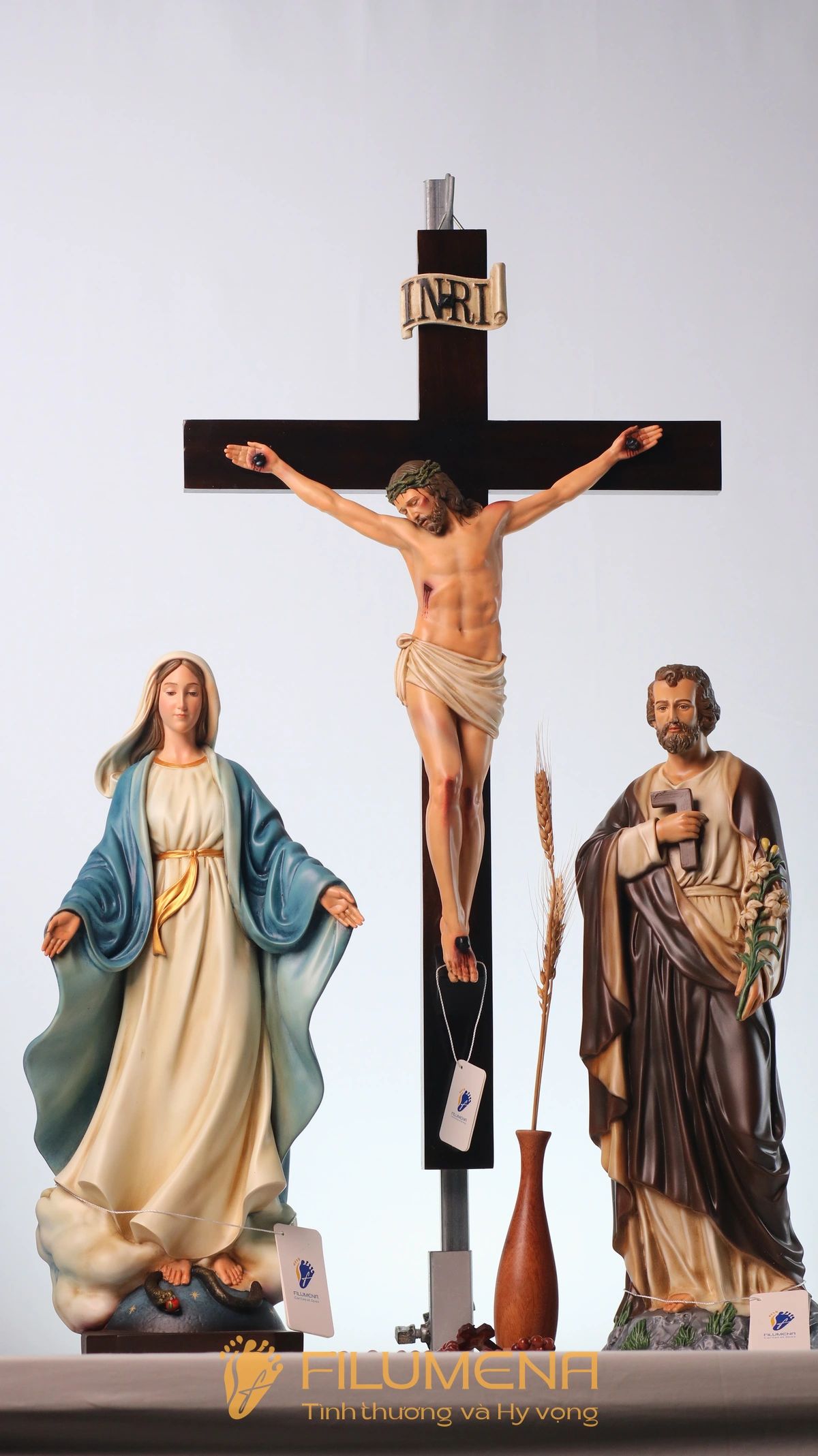 Bàn thờ Chúa 50 cm màu nâu – xanh dương tượng Chúa Chuộc Tội 40 cm