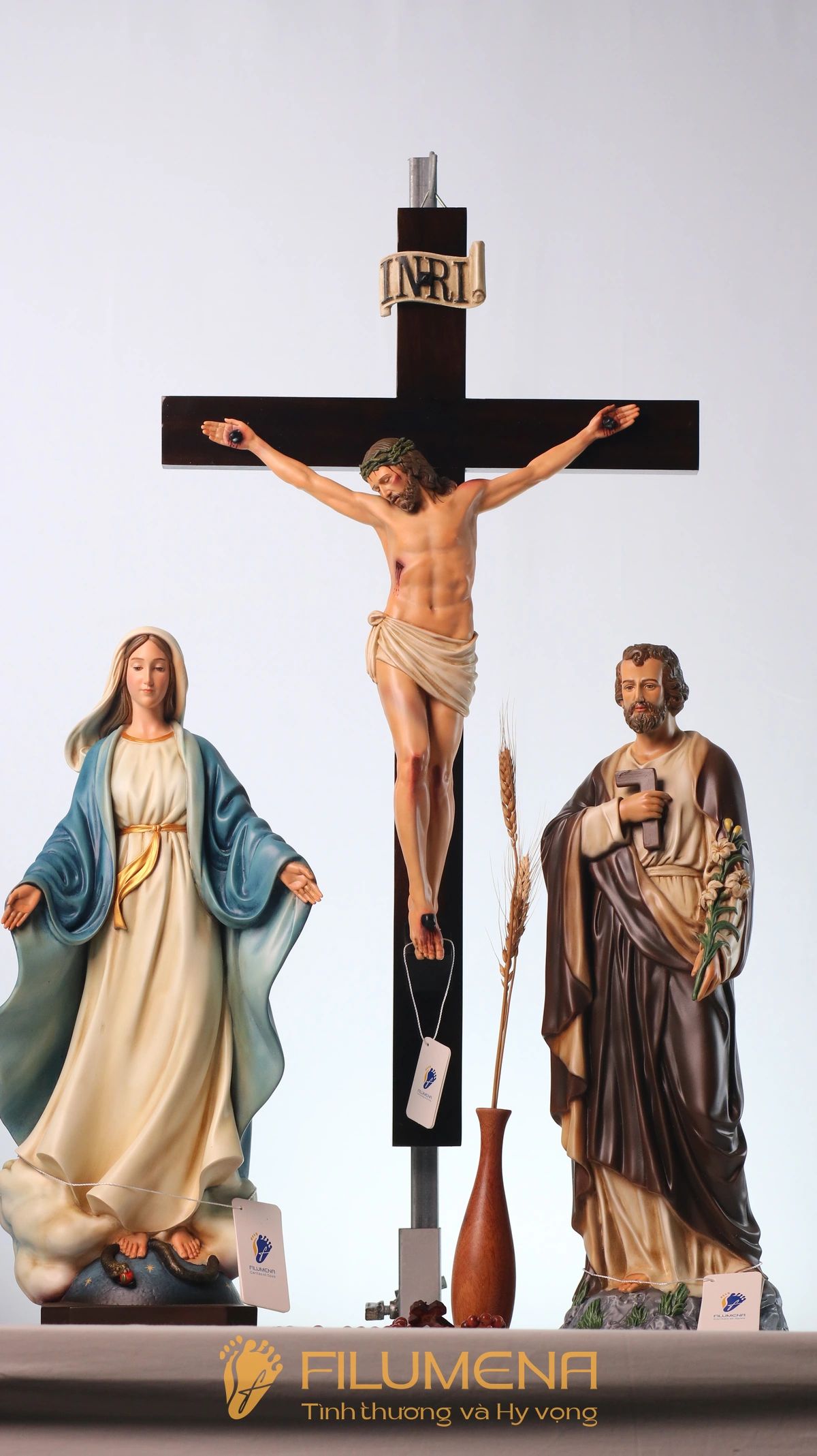 Bàn thờ Chúa 50 cm màu nâu – xanh dương tượng Chúa Chuộc Tội 40 cm