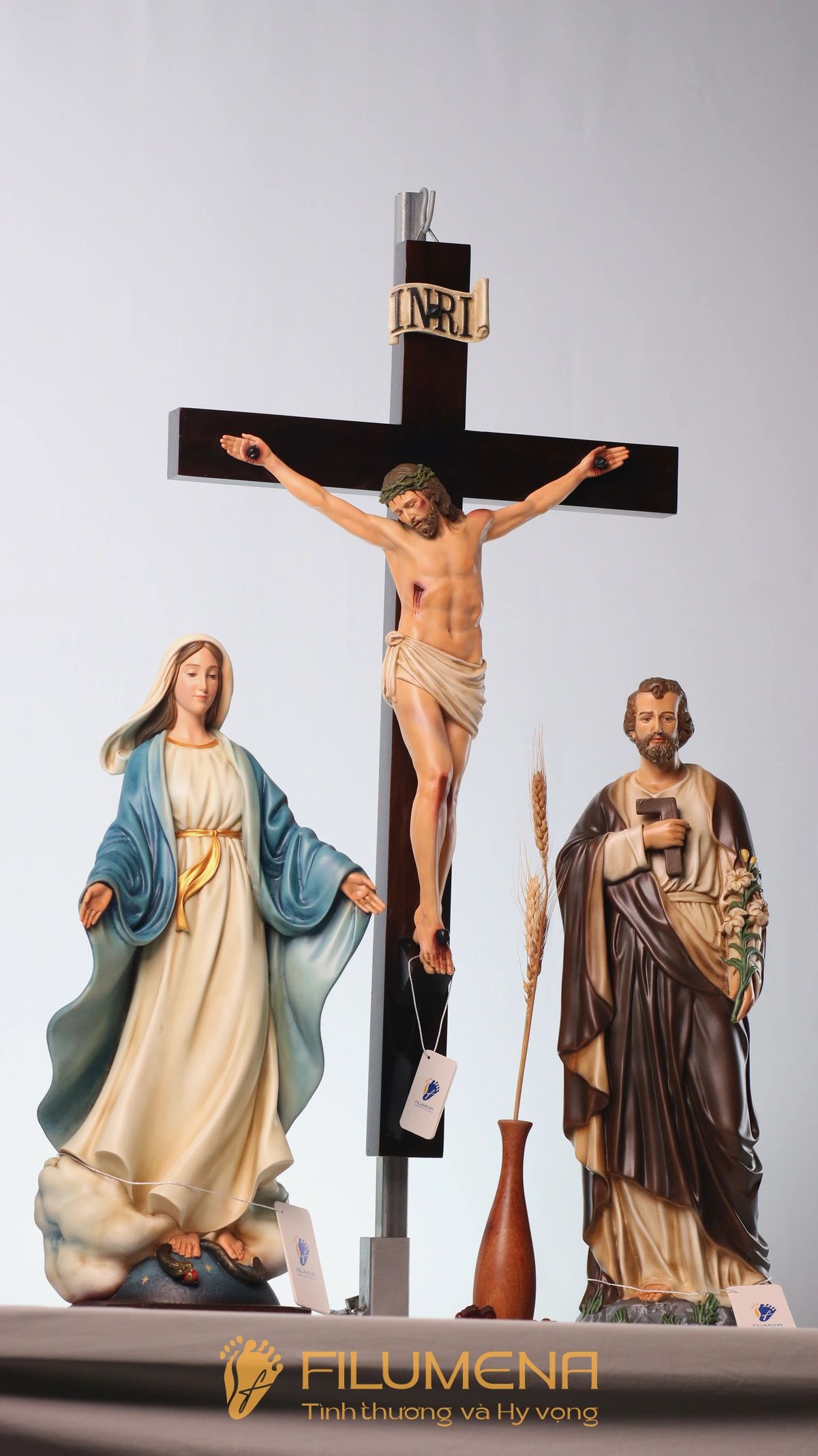 Bàn thờ Chúa 50 cm màu nâu – xanh dương tượng Chúa Chuộc Tội 40 cm