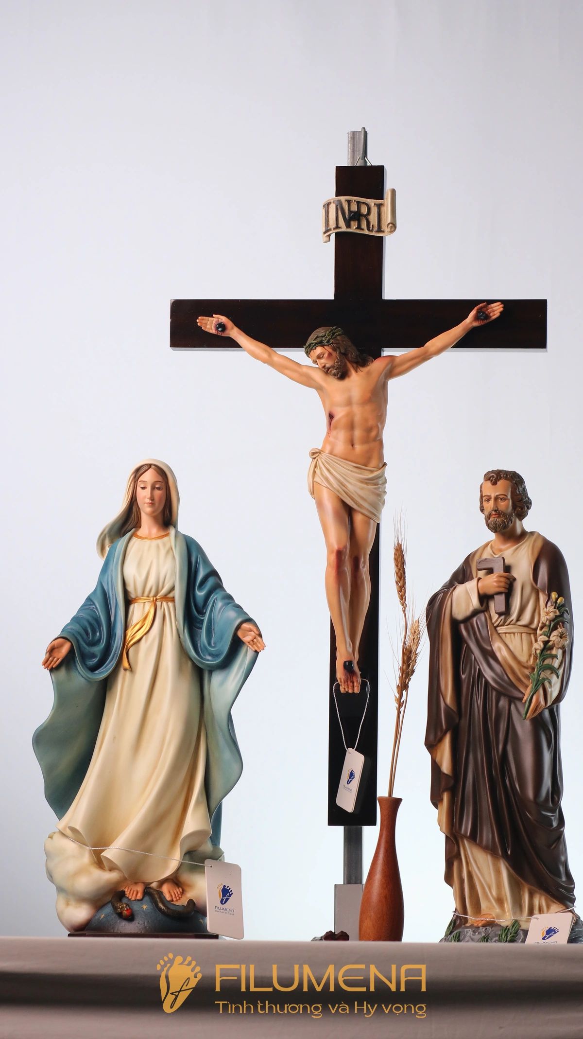 Bàn thờ Chúa 50 cm màu nâu – xanh dương tượng Chúa Chuộc Tội 40 cm