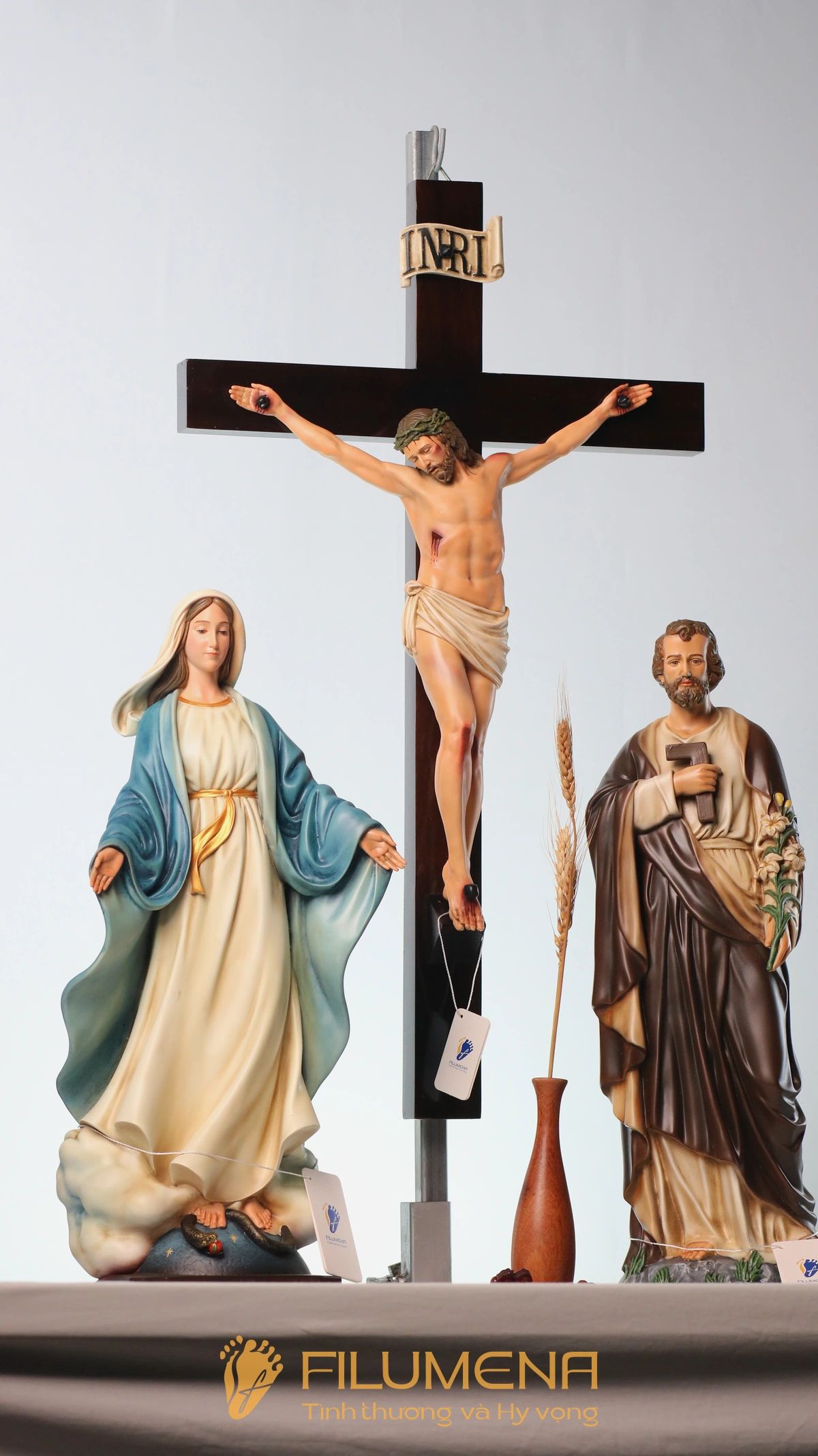 Bàn thờ Chúa 50 cm màu nâu – xanh dương tượng Chúa Chuộc Tội 40 cm