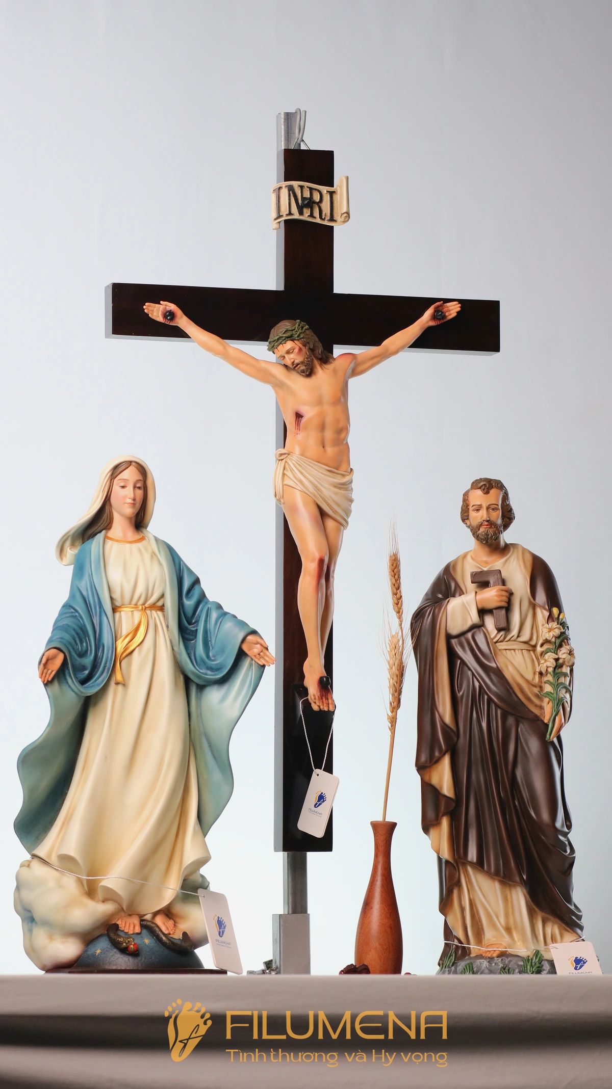 Bàn thờ Chúa 50 cm màu nâu – xanh dương tượng Chúa Chuộc Tội 40 cm