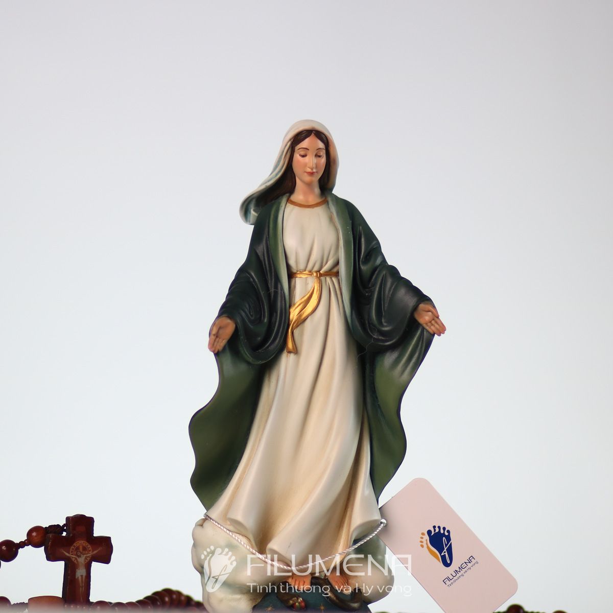Tượng Đức Mẹ Ban Ơn cao 20 cm màu xanh ô-liu cho góc cầu nguyện tại gia