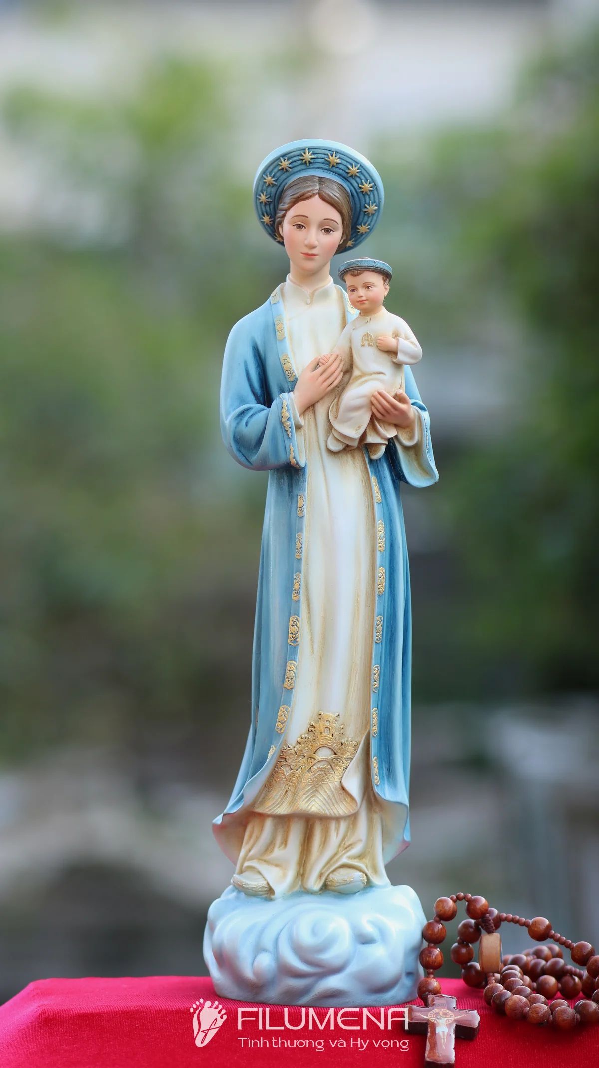Tượng Đức Mẹ La Vang 40 cm áo xanh da trời nhìn nghiêng
