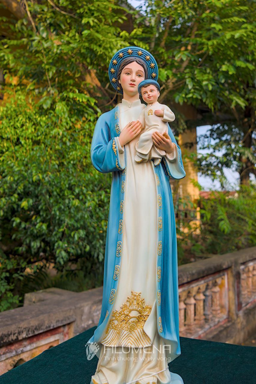 Tượng Đức Mẹ La Vang 50 cm áo xanh da trời nhìn toàn thân ngoài trời