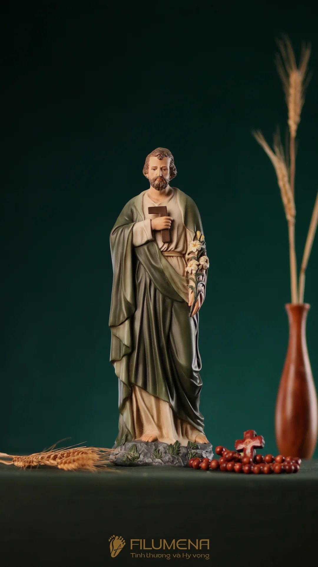 Tượng Thánh Giuse Thợ  30 cm, 40 cm màu xanh ô-liu M2