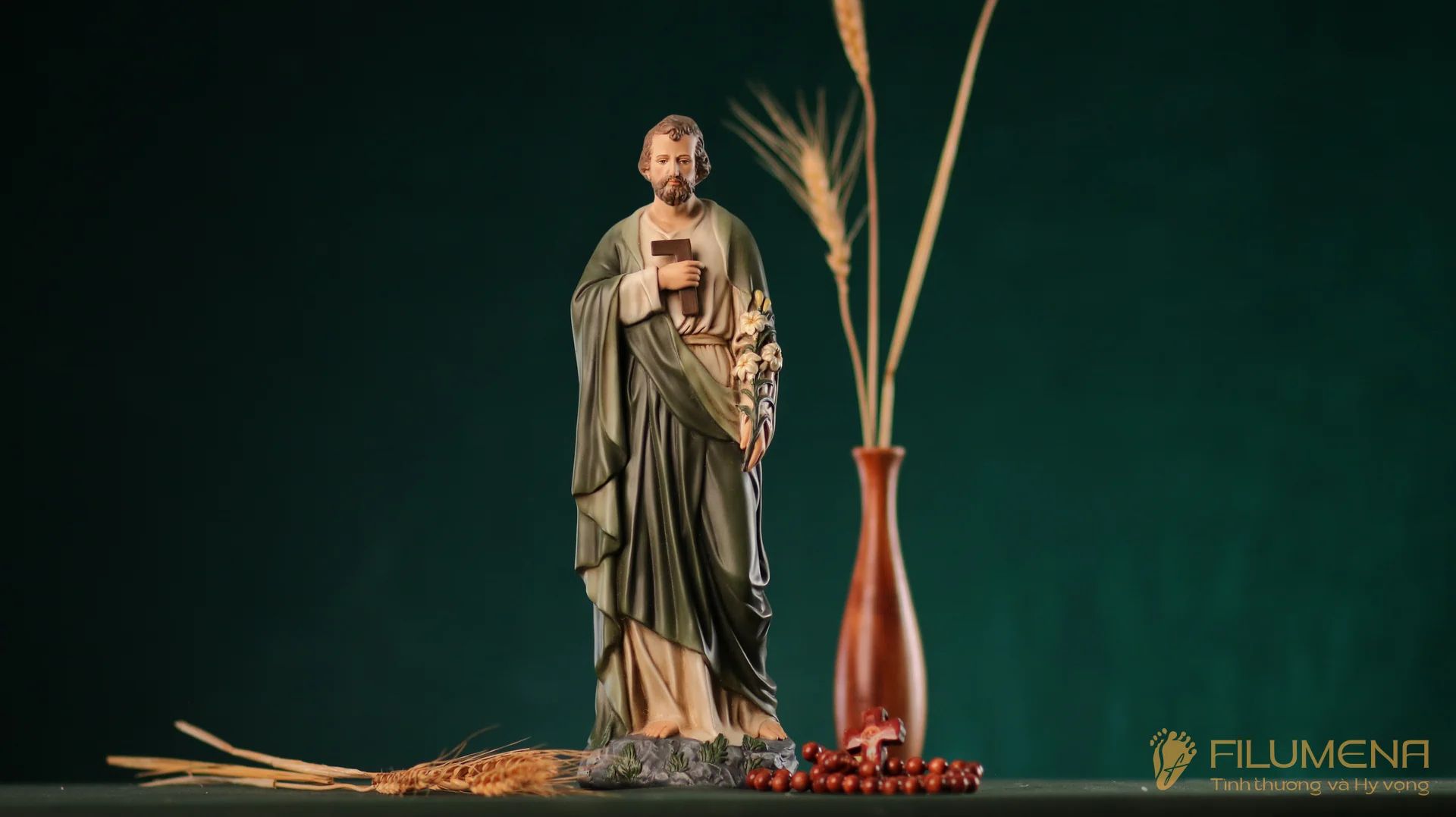 Tượng Thánh Giuse Thợ 40 cm màu xanh ô-liu M2