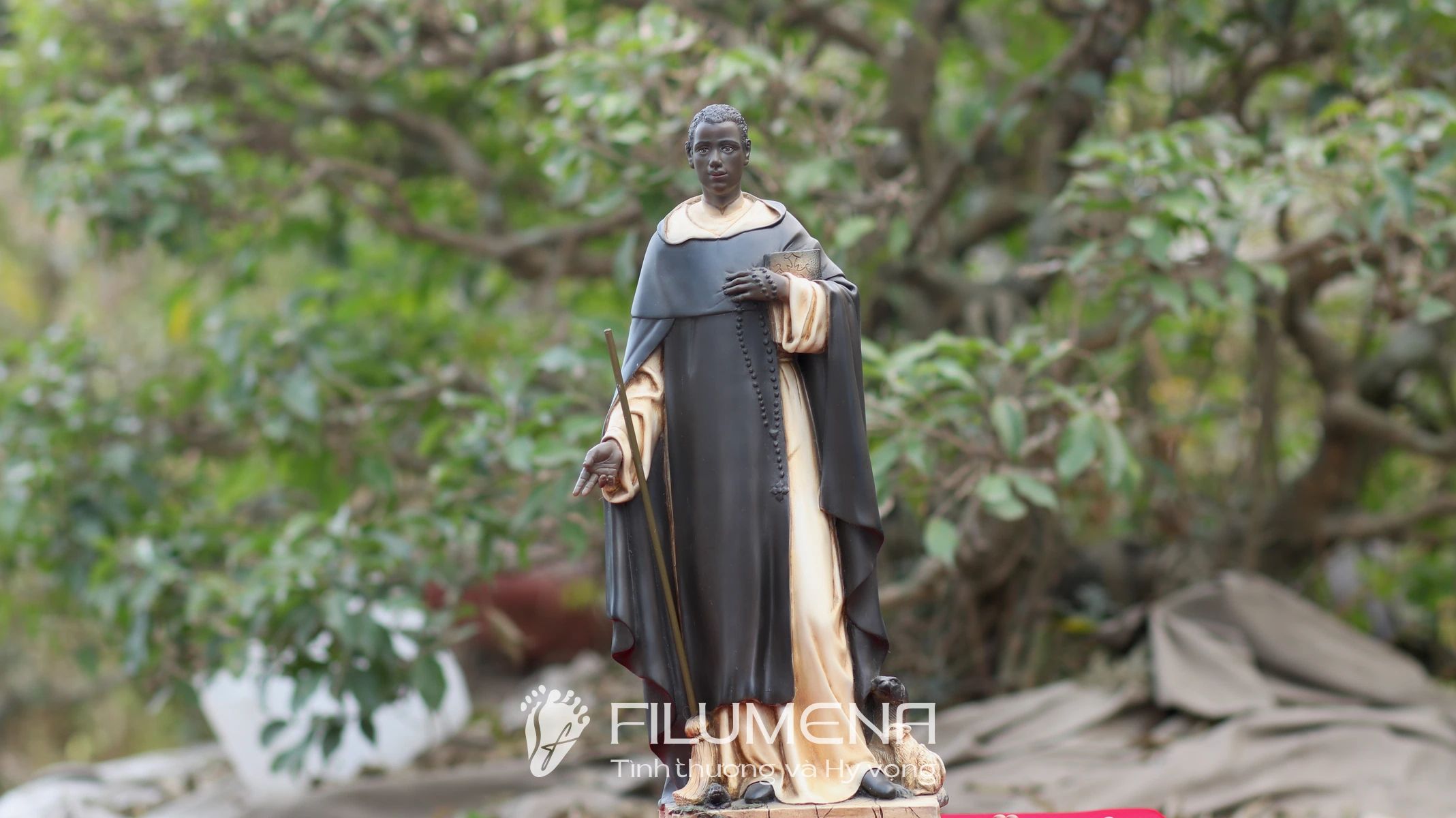 Nét đặc trưng của tượng Thánh Martinô: áo dòng Đa Minh, tràng hạt, Tân Ước, cây chổi và thú vật nương tựa