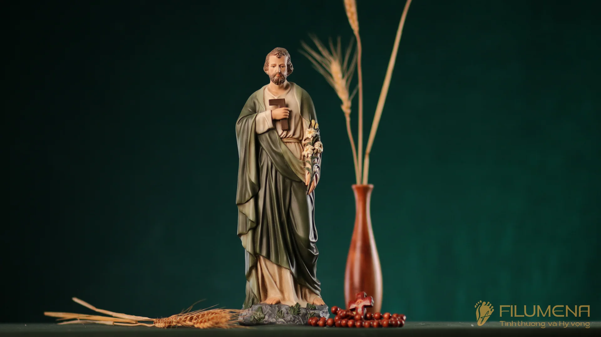 Tượng Thánh Giuse Thợ 30 cm màu xanh ô-liu M2